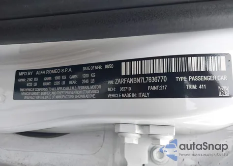 2020 Alfa Romeo Giulia Ti Awd z USA, uszkodzony, nr VIN ZARFANBN7L7636770